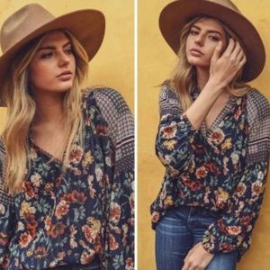 JODIFL Navy Floral V-neck Tunic Boho Peasant Top 2X